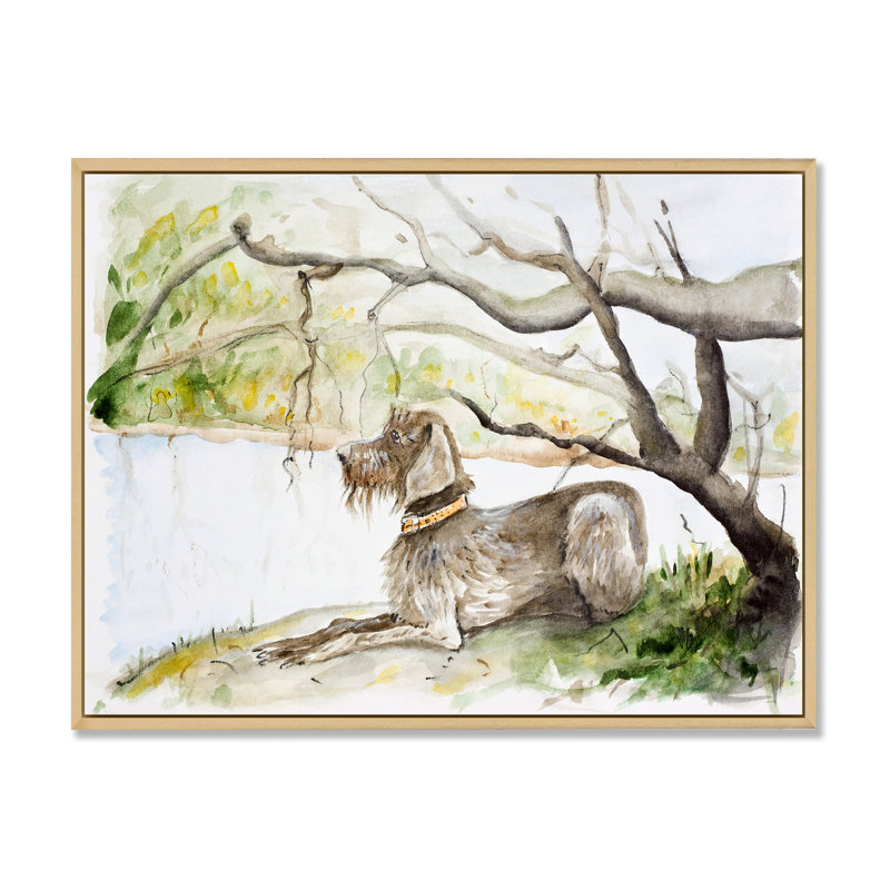 German Wirehaired Pointer - Peinture sur toile, H 12 po x l 20 po, Toile avec cadre en érable