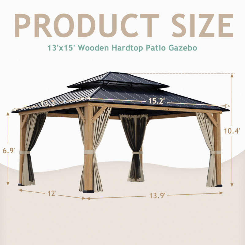 D Solid Wooden Patio Gazebo with Double Roof, Netting and Curtains, 120" H x 180" W x 143" D
