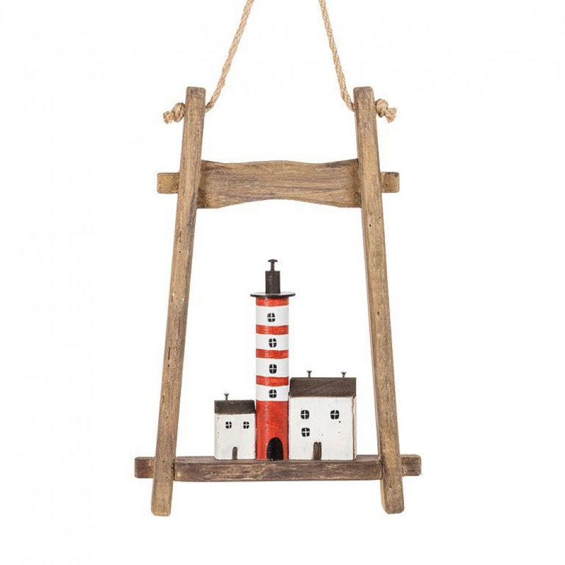 Décoration murale rectangulaire maisons et phare dans un cadre en bois