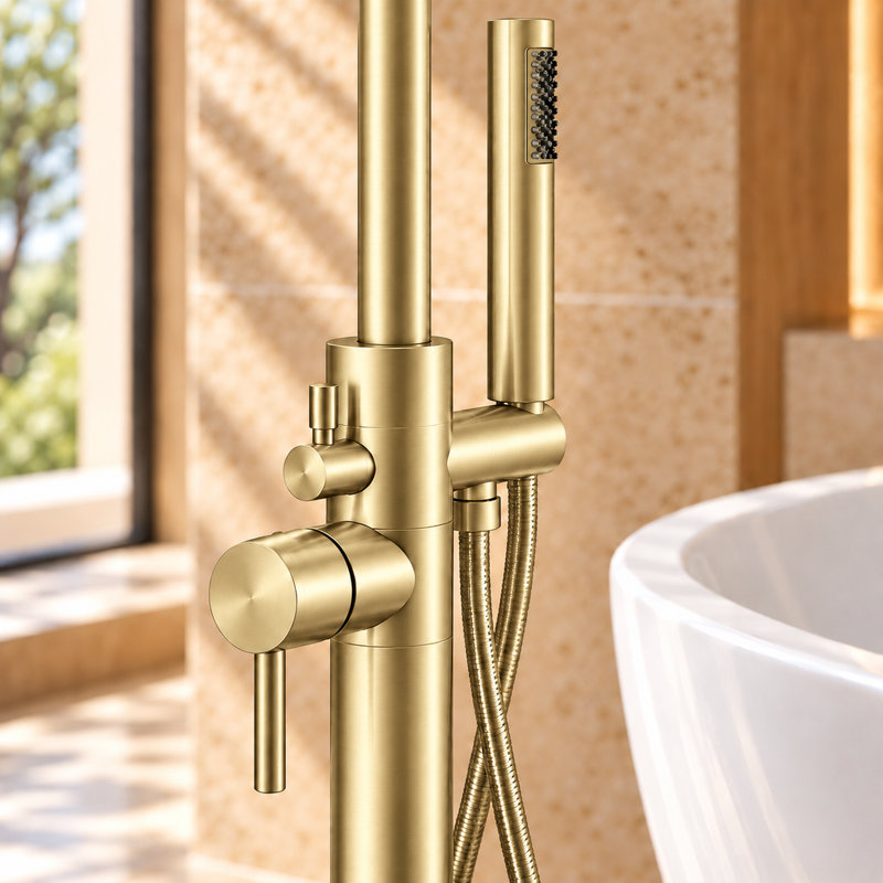 1 Handle Floor Bath Shower Mixer Bath Filler with Diverter, Gold