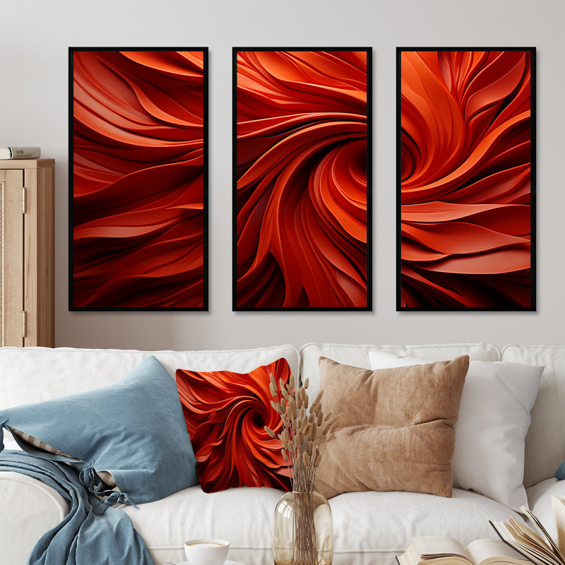 Orange et rouge abstrait spirale Dreamscape I - abstrait spirales murales, Cadre flottant noir, H 32 po x l 48 po x P 1 po