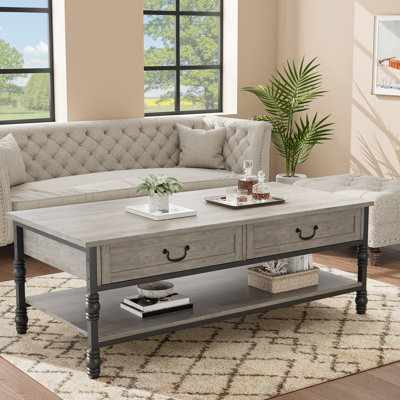 Table basse en bois avec 2 tiroirs et une tablette inférieure, structure métallique robuste, mobilier de style industriel et champêtre pour salon