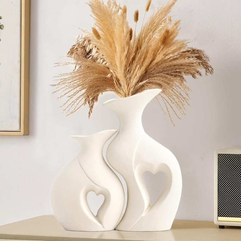 Black & White Heart-shaped Ceramic Vase Set Of 2, 8.5" H x 7.8" W x 2.4" D, Black/White