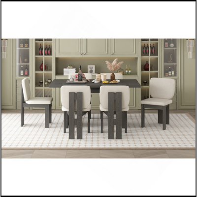 7-Piece Retro Dining Table Set For 6, 60" Wood Dining Table Set For 6 With Upholstered Chairs And Designed Trestle Base For Kitchen & Dining Room (Grey)