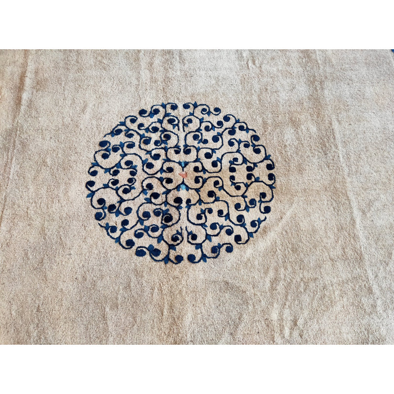 Wool Chinese - Peking Ivory Rectangle Knotted Antique 1890s Room Size Rug