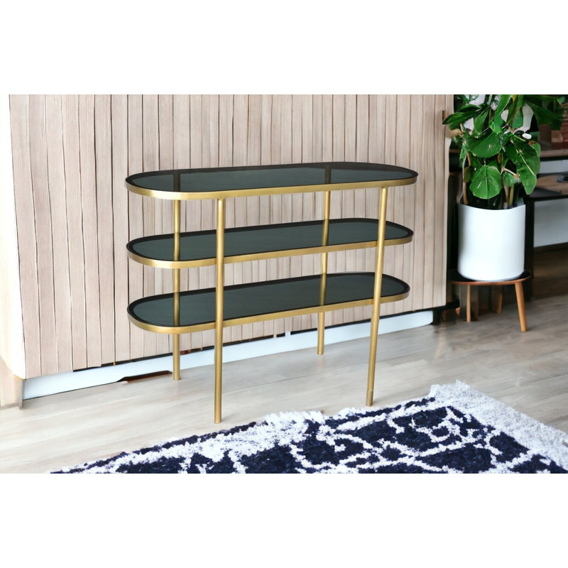 Console ovale 46 po en verre noir et doré avec rangement