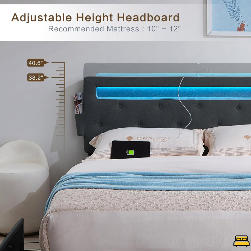 Cadre de lit avec station de charge USB et lumières DEL, cadre de lit avec tête de lit et 4 tiroirs de rangement, Full, Grey
