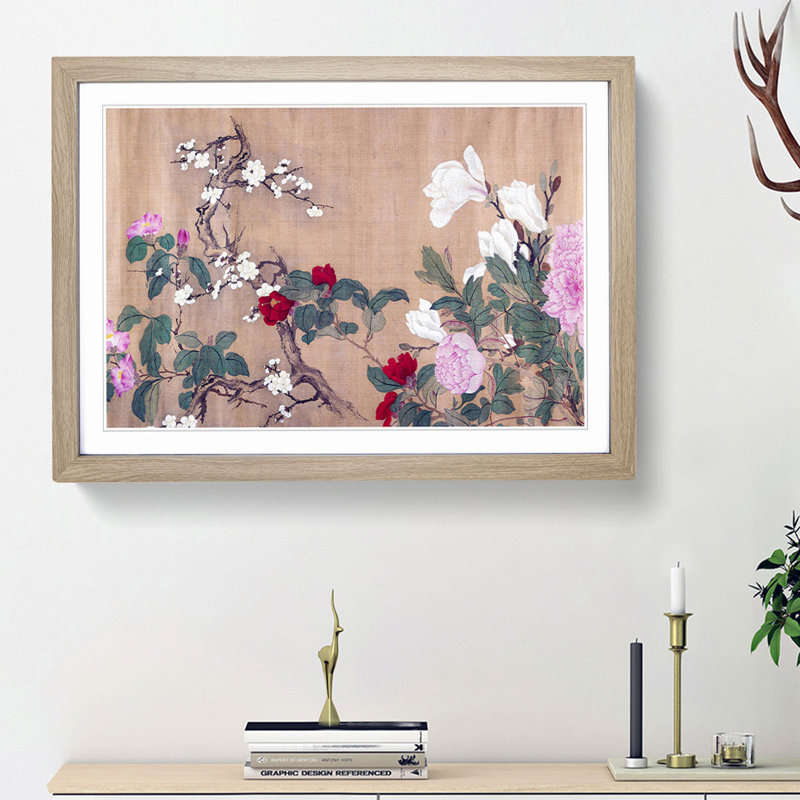 One Hundred Flowers Vol.1 by Yun Shouping - Picture Frame Painting Print on MDF, 27cm H x 36cm W x 2cm D, Oak Framed