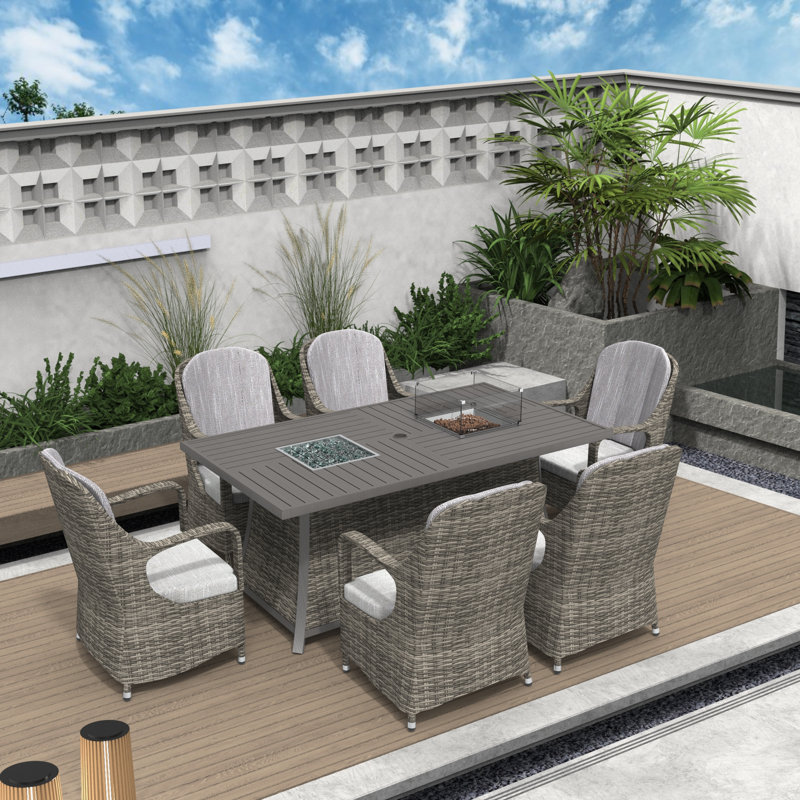 Cadeja 6 - Person Wicker Patio Dining Set with Rectangular Table , Cushions Included, Gray