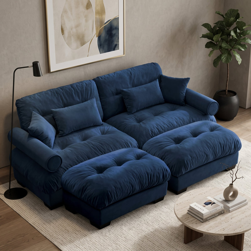 Canapé modulable 2 places en velours avec assise profonde, 2 poufs amovibles, coussins de dossier et traversins, bleu