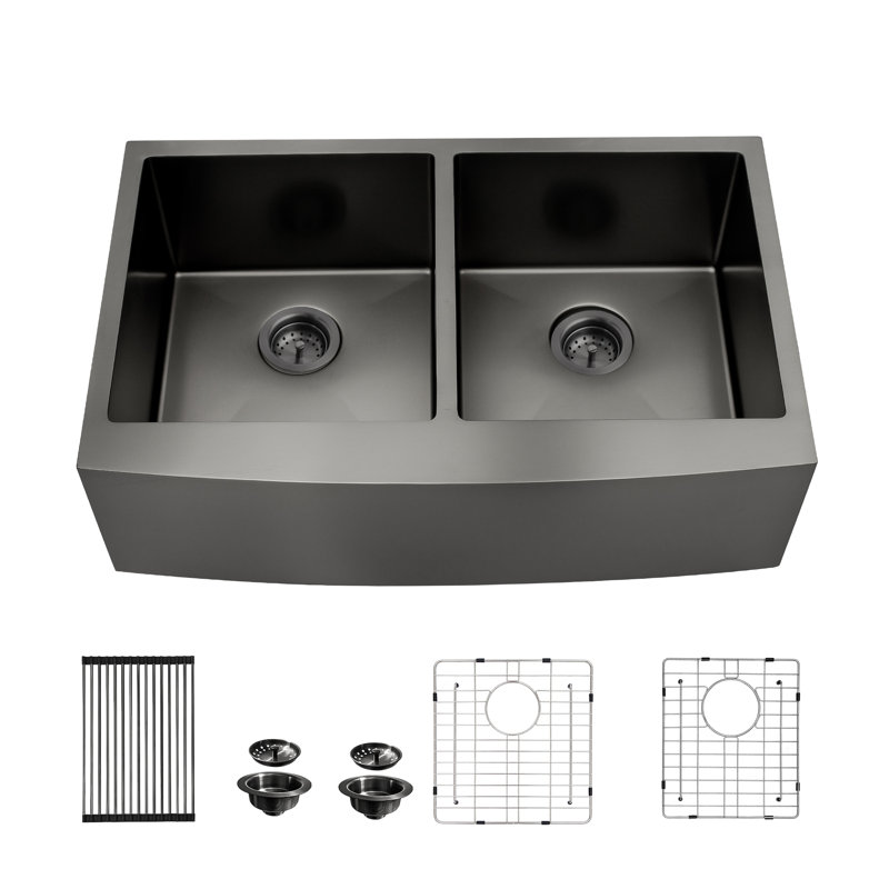 Double Bowl Stainless Steel Kitchen Sink, 36", Black