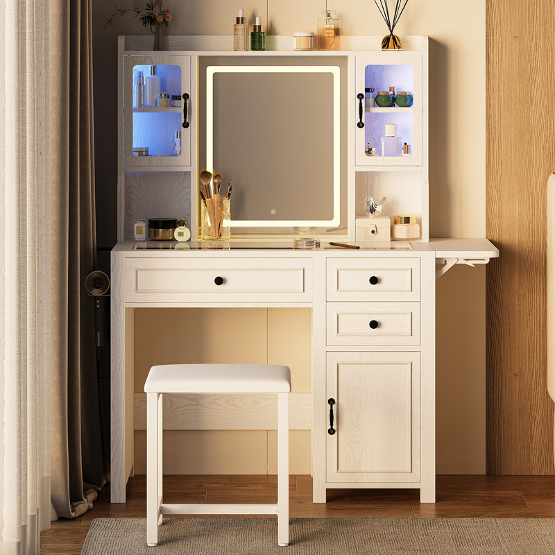 Modern Farmhouse Style Makeup Vanity Set With Mirror And Lights, Adjustable Brightness, Vanity Desk With Built-in Tempered Glass, Folding Panel, Power Outlet And Vanity Stool