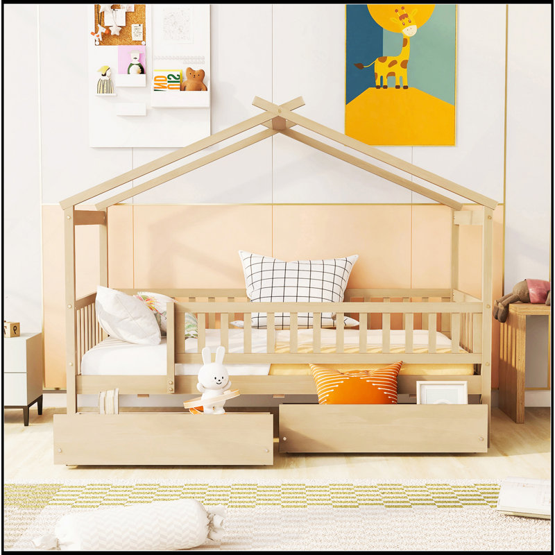 Lit en bois avec deux tiroirs, Natural