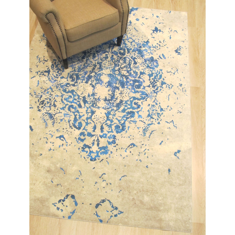 Tapis oriental bleu en polyester fabriqué à la machine Lecuyer, Rectangle 5 pi 11 po x 8 pi 10 po