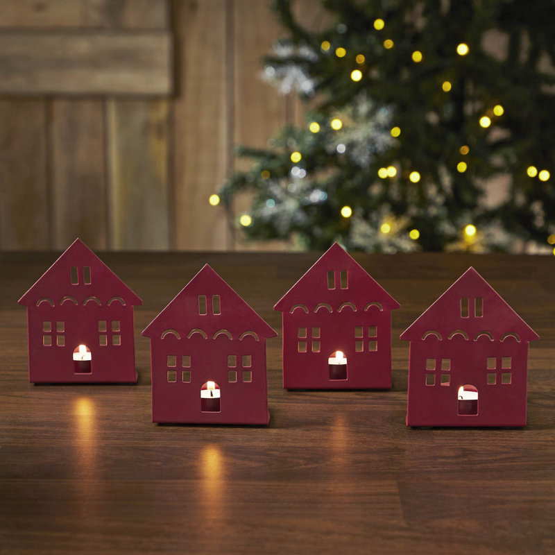Festive Finds Tealight Holder House Set of 4 4.5x3.75x2.25, Burgundy