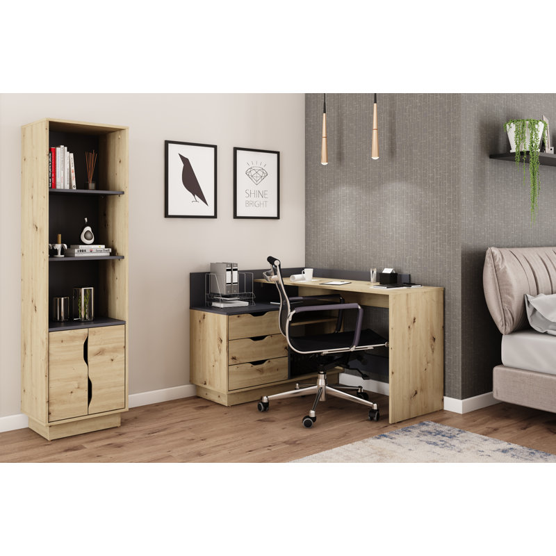 Thoman L-Shaped Writing Desk, Light Brown/Black