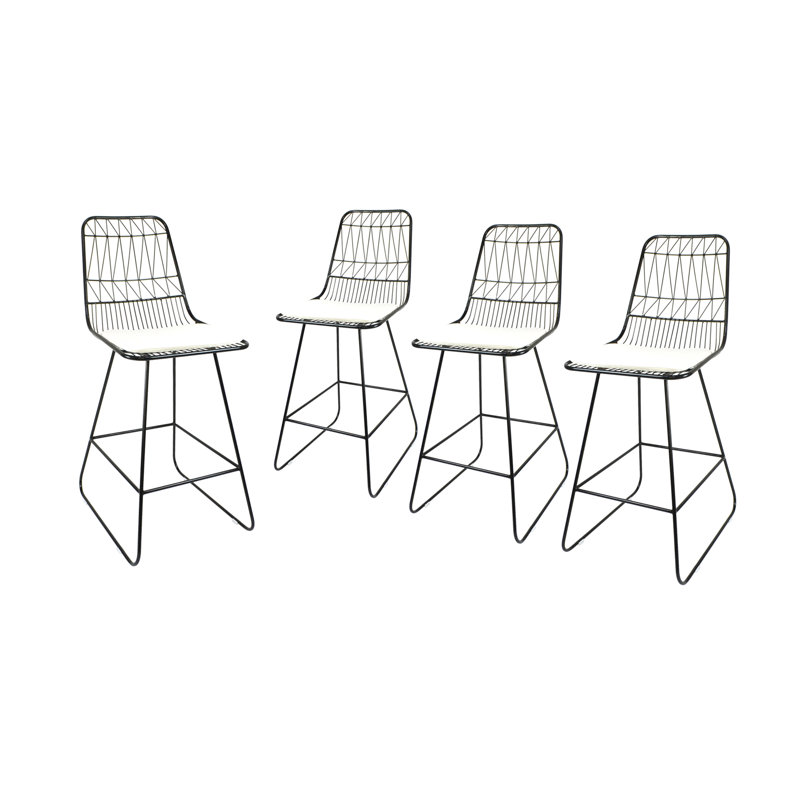 Hedy Black Iron Outdoor Counter Stools with Ivory Cushions, Set of 4