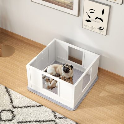 Dog Whelping Pen With Removable Panels, Non-slip, 33.1"x31.5"x18.9 Box For Small Dogs, Waterproof Pad, Clear Observation Adjustable Entrance, Non-slip
