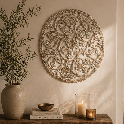 36 Inch Round Wooden Wall Decor with Mirror, Distressed Brown White Floral Carved Panel for Living Room & Entryway
