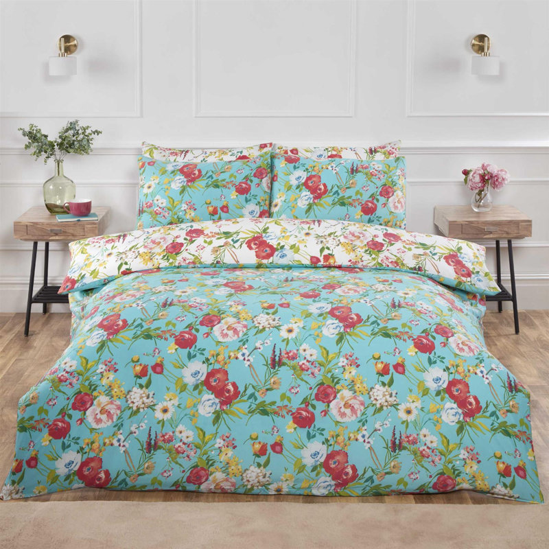 Iolanthe Polyester Floral Bedding with Pillowcases Included, Double + 2 Standard Pillowcases, Duck Egg