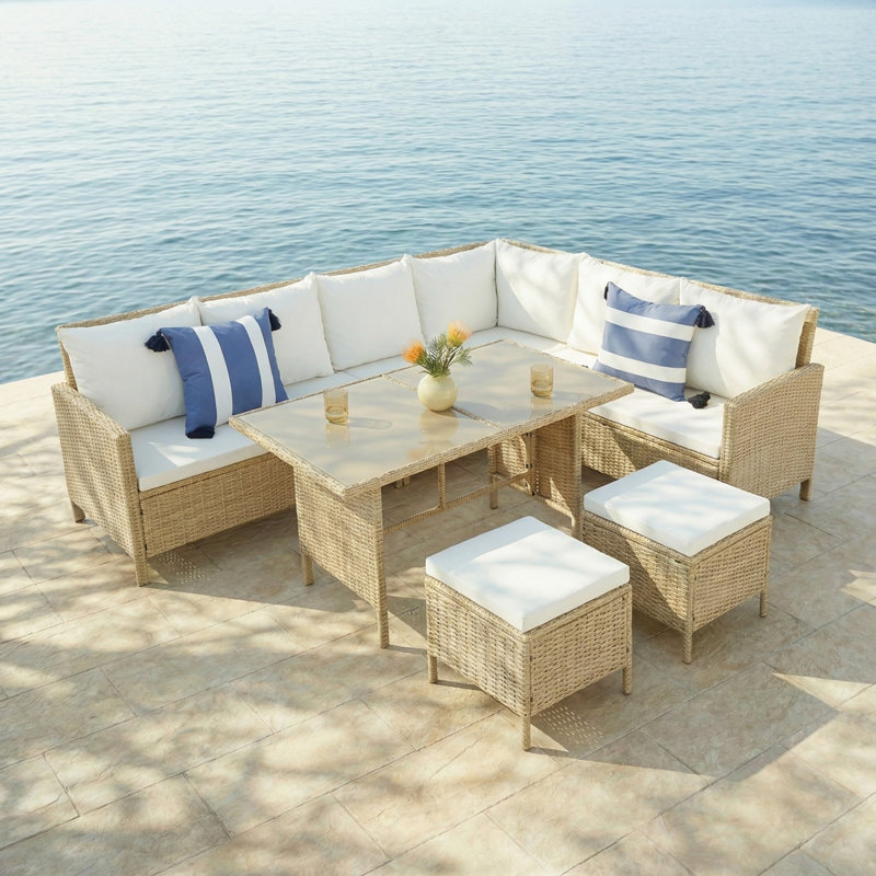 Kissner Rattan 7 - Person Seating Group, White, Natural