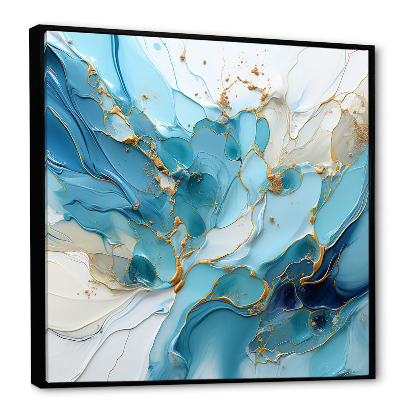 Bleu et blanc, charme de glacier - formes abstraites, art mural, Cadre flottant noir, H 36 po x l 36 po x P 1,5 po