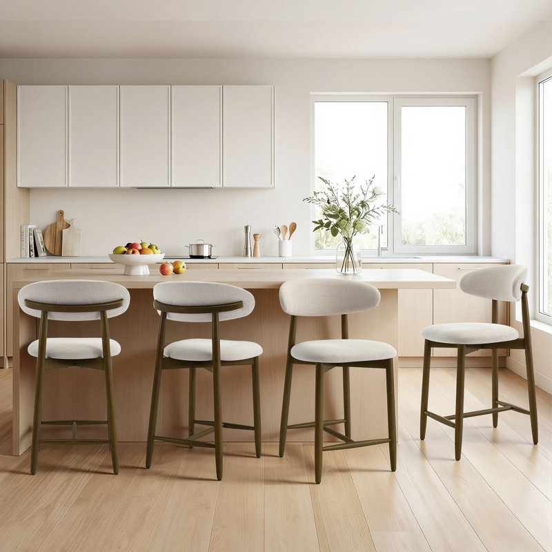 25'' Upholstered Counter Stool with Curved Back and Solid Wood Base, Beige, 4