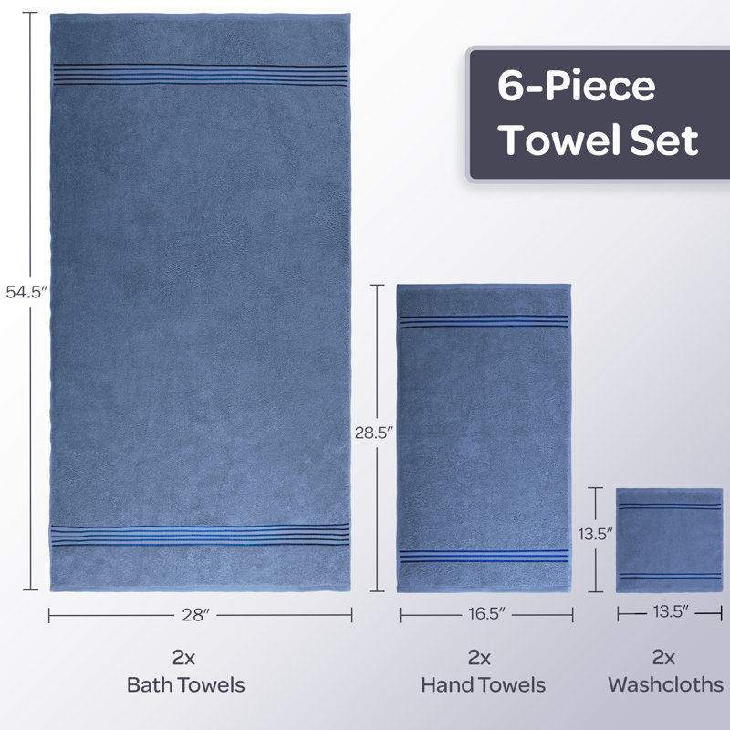 Ensemble de serviettes de salle de bain 6 pièces Lavish Home - Essentiels de salle de bain 100% coton 625GSM avec 2 débarbouillettes absorbantes, 2 débarbouillettes et 2 serviettes de bain pour la douche, la salle de sport, le dortoir et le spa (bleu clair)