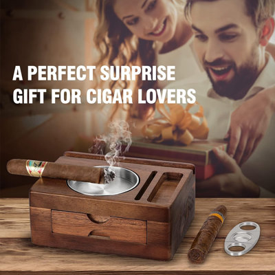 Cigar Ashtray, Wooden Cigar Ashtrays with Cigar Cutter, Phone Tablet Holder, Cigar Holder, Accessories Drawer and Lighter Slot, Home Bar Outdoor Ashtray, Great Cigar Accessories Gift for Men