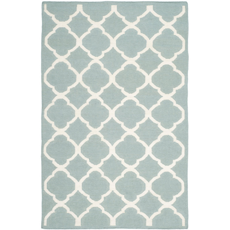 Rodgers Hand Woven Flat Weave Banana Silk/Wool/Cotton Geometric Rug in Ivory/Blue, Rectangle 4' x 6'