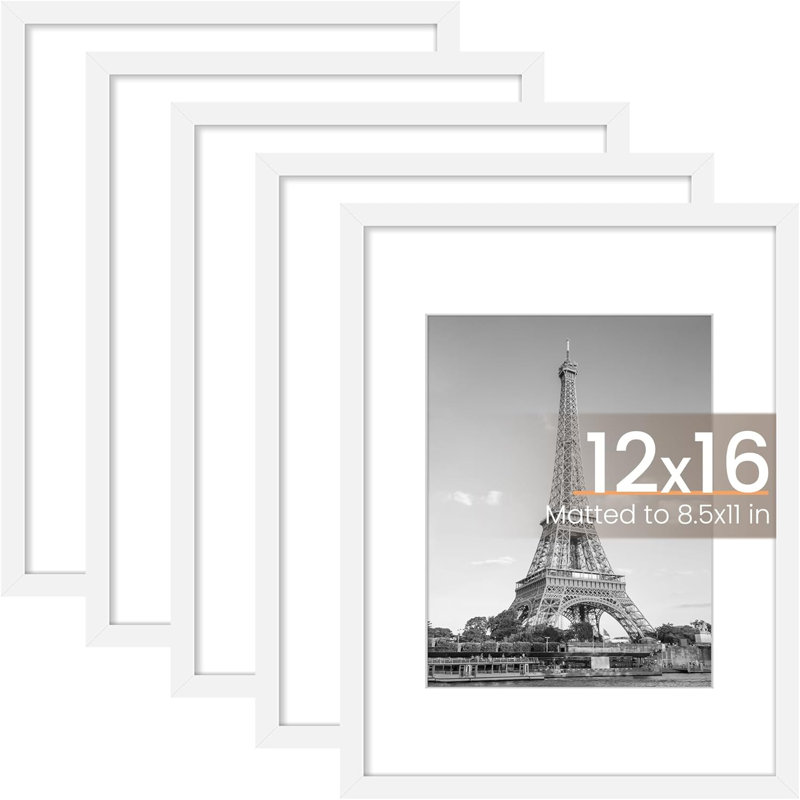 Ensemble de 5 cadres photo 12 pouces x 16 pouces, photos 8,5 pouces x 11 pouces avec passe-partout ou 12 pouces x 16 pouces sans passe-partout, cadres photo muraux, blanc