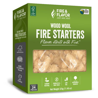 Fire & Flavor Wood Wool All-Natural Fire Starters, Eco-Friendly Certified, 24-Pieces