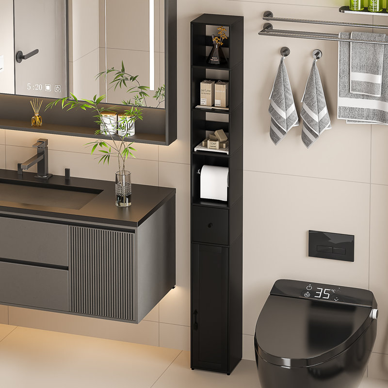 Slim Tall Bathroom Cabinet With Adjustable Shelves, Storage Cabinet With Toilet Paper Scroll And Small Drawer, Black