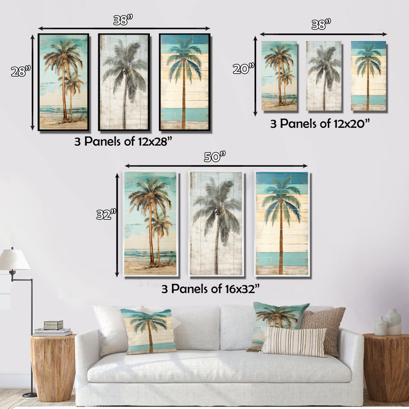 Palmier tropical dans des couleurs rétro délavées - 3 pièces, Cadre flottant blanc, H 40 po x l 60 po