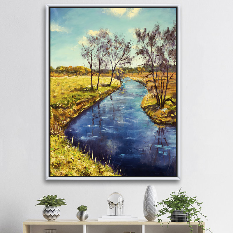 «Sunny River Through Bright Landscape», reproduction d'art sur toile, H 46 po x l 36 po x 1,5 po, Toile blanche encadrée