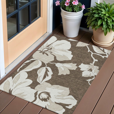 Tapis intérieur beige lavable floral 3 pi x 5 pi brun