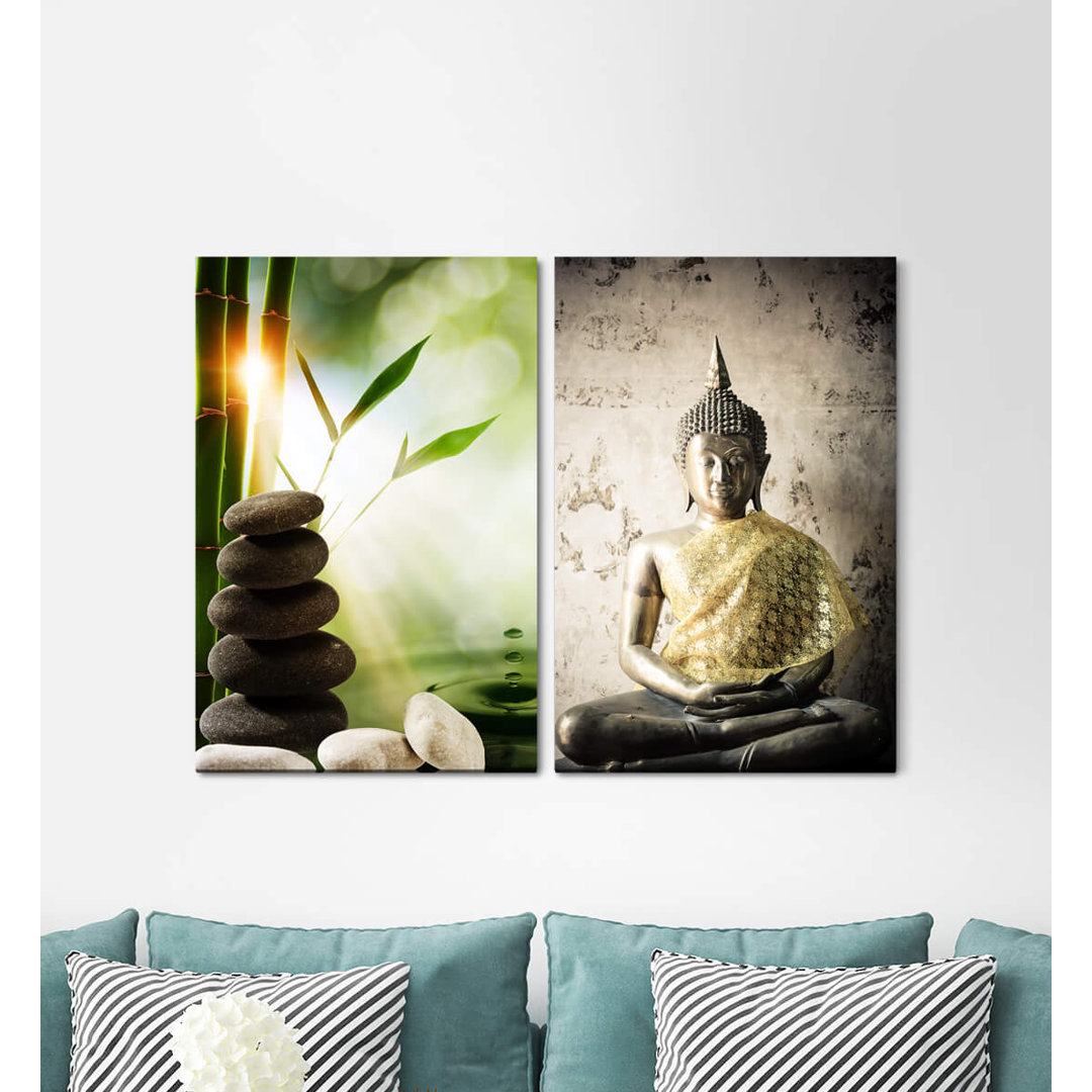 2-tlg. Leinwandbilder-Set - Fotografie „Buddha Round Stones Meditation Warm Light Mindfulness Positive Energy”