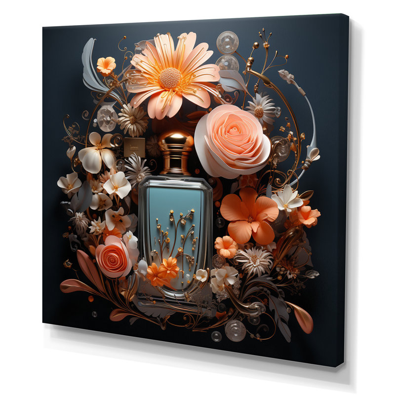 «Perfume Bottle with Pink Blossoming Flowers», reproduction sur toile, H 30 po x l 30 po x P 1 po, Toile tendue