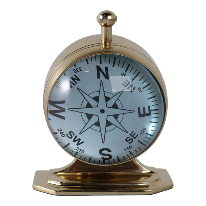 Aparicio Decorative Round Aluminum & Glass Double Sided Tabletop Clock with Compass Dial for Home Decor - Vintage Desk Accent for Office or Entryway - 7", Gold