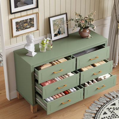 Commode double à 6 tiroirs, armoire de rangement moderne avec poignées en métal et pieds en bois massif, organisateur de tiroir pour chambre d'enfant, commode en bois robuste avec préinstallé