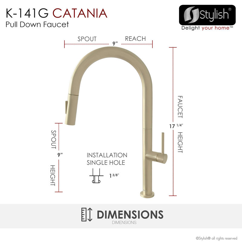 Catania Modern Single Handle Kitchen Faucet, Doré