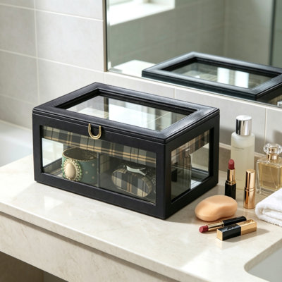 Présentoir à bijoux en verre trempé et en cuir 9,8 pouces, organisateur de rangement de bureau bleu pour accessoires
