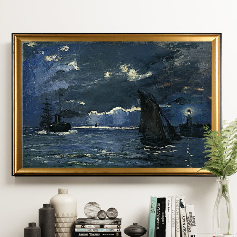 « seascape night effect », impression sur toile, Cadre doré, H 31 po x l 43 po x P 1,5 po, Blanc mat