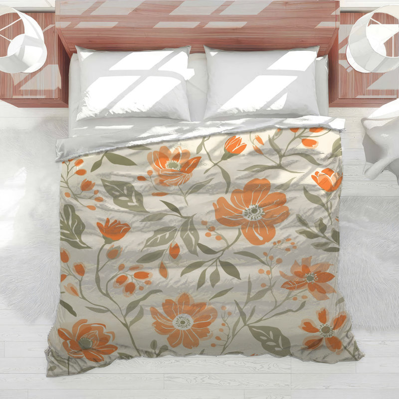 Orange Floral Pattern Comforter, Queen