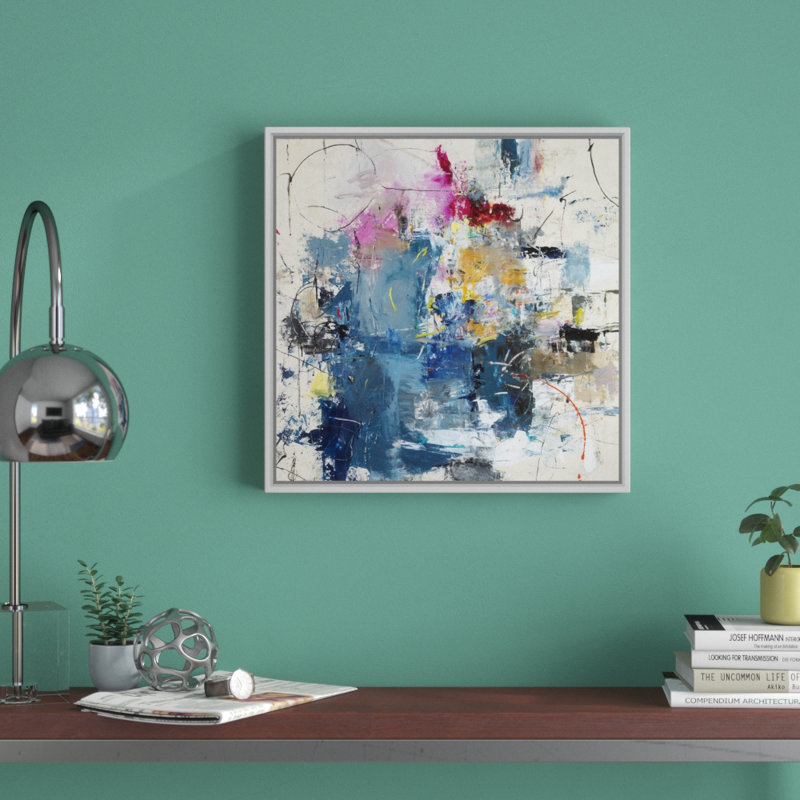 « justified play time », peinture sur toile, H 17,7 po x l 17,7 po x P 1,75 po, Cadre flottant blanc