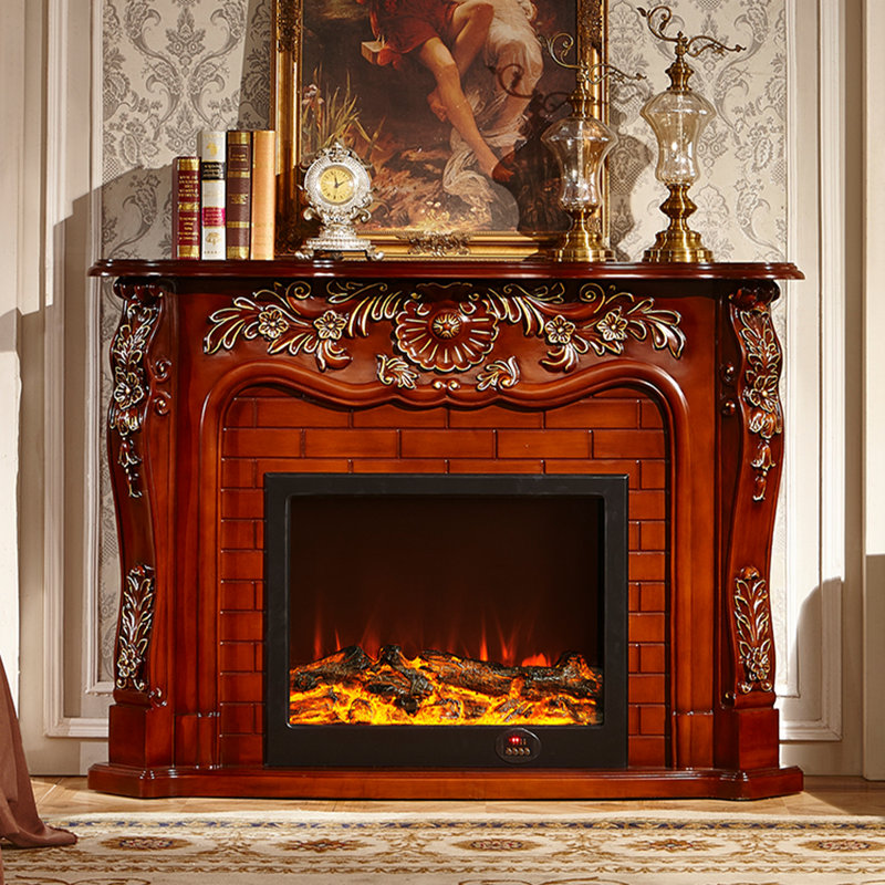 European-style solid wood decorative fireplace cabinet with simulated flame electric fireplace core, Brown