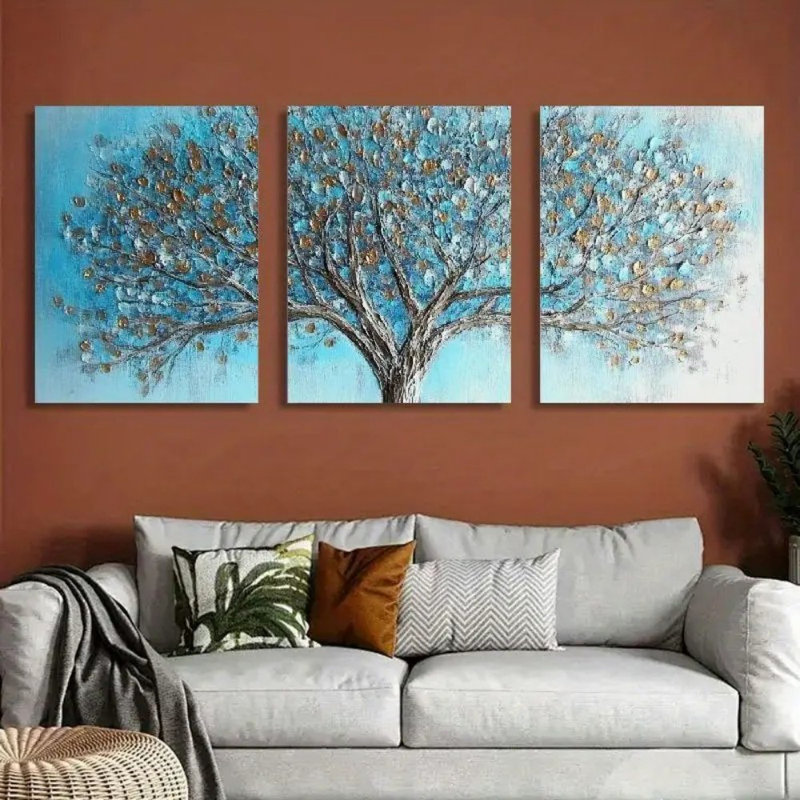 Arbre de vie abstrait, art mural bleu sarcelle, paysage panoramique moderne pour salon, chambre à coucher, bureau - cadre en bois de pin, utilisation à l'intérieur