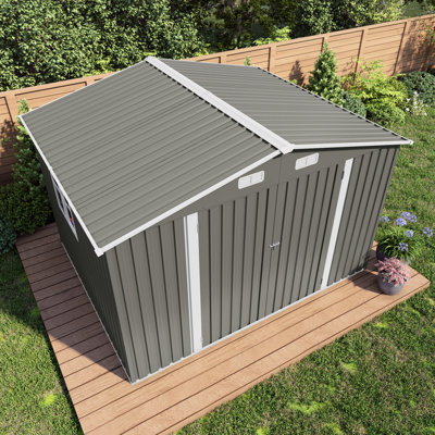 Grande remise extérieure en métal gris L 120 po x l 96 po H 76,4 po avec loquet verrouillable sur les portes doubles, évent et fenêtre transparente pour tondeuses à gazon, outils, vélos, installation facile 10 8 pi, métal, - évent