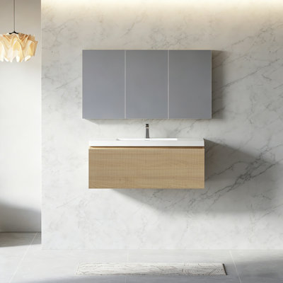 Meuble-lavabo flottant mural moderne 36 po en chêne naturel avec plateau en résine blanc brillant