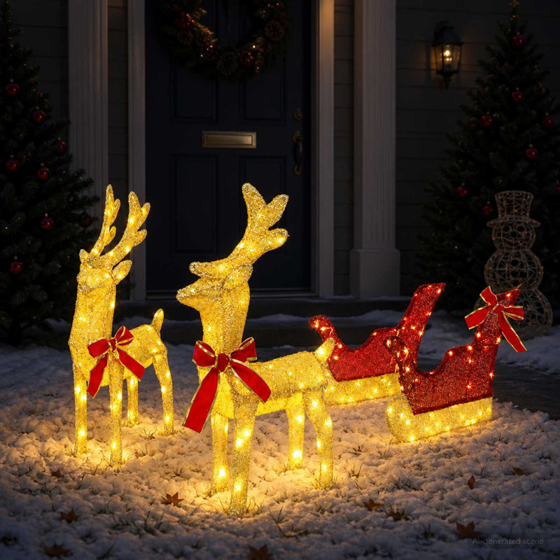 3D Christmas Reindeer with Sleigh LOVIISA LED Reindeer Decoration, Gold Fabric